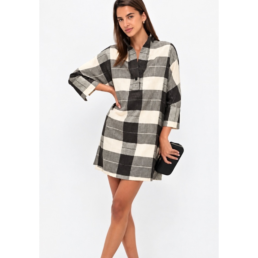 Tuckernuck Black Cream Plaid Metallic Mini Shift Dress Size XS